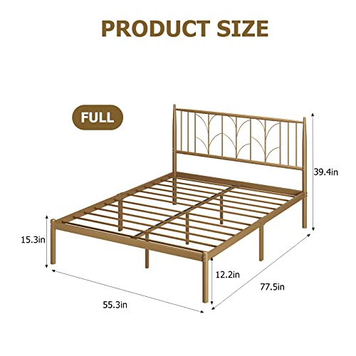 Senfot Full Bed Frame, Gold Metal Full Size Platform Bed Frame With Headboard, Heavy Duty Metal Slat Support, Mattress Foundation, Noise Free Design, Easy Installation, Gold #TOP1