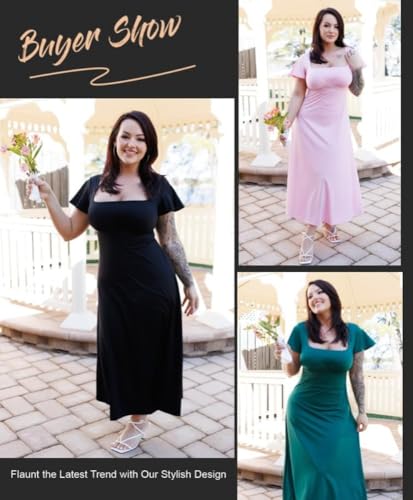 Image of Popilush Formal Dresses for Women - Built in Shapewear Bra Square Neck Short Sleeve A-Line Flowy Midi Wedding Guest Dress