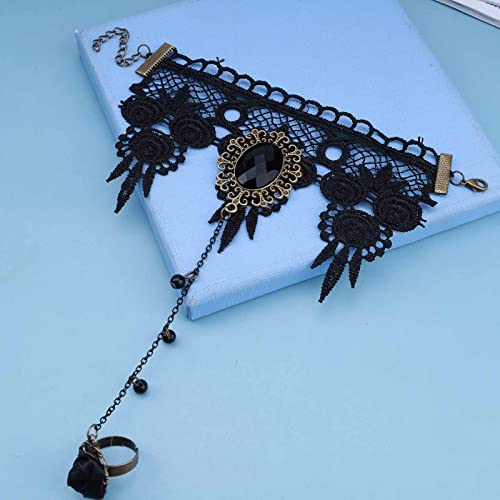 Yheakne Vintage Black Crystal Finger Bracelet Black Lace Bracelet with Ring Wrist Bracelet Punk Layered Slave Bracelet Retro Black Hand Chain Jewelry for Women and Girls (Lace A) - Image 3