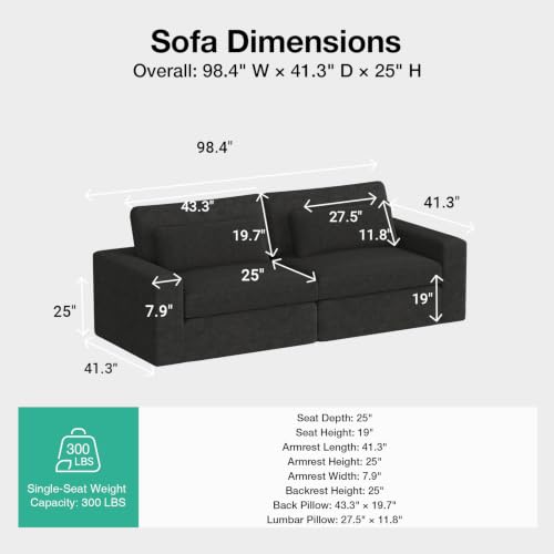Image of Novilla 98 inch Deep Seat Modular Sectional Sofa, Removable Washable Covers, Loveseat Cloud Couch with Lumbar Pillows, Chenille Boneless Sectional Couch Dark Gray, No Assembly Required