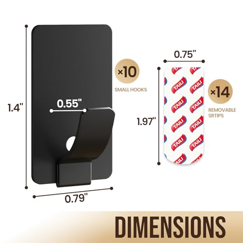 Image of TAILI Hooks for Hanging 10 Metal Sticky Hooks and 14 Adhesive Strips Black | Stainless Steel Hooks for Painted Wall, No Damage Small Adhesive Hooks, Removable & Reusable for Kitchen, Home Storage