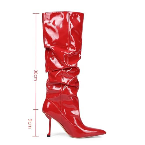 Saint Leia Women's Slip On Pointed Toe High Heel Party Stylish Pleated Patent Leather Knee High Boots2