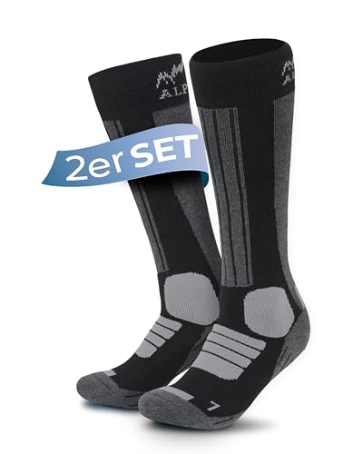 Alpenwert MERINO Skisocken [2 PAAR] für Herren, Damen und Kinder, 35-38, 39-42, 43-46 warme Skistrümpfe Wintersocken Skifahren/Snowboarden DE/NL/SE/PL, Numerisch, 43, 46, Regular, Regular, Schwarz