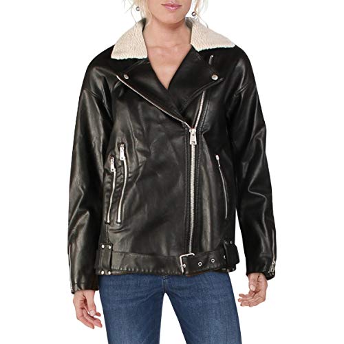Levi s Women s Oversized Faux Leather Belted Motorcycle Jacket (Standard & Plus Sizes), Black Sherpa Lined, Small