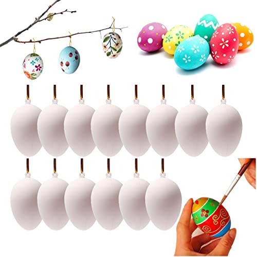 Gioyonil 24 Stück Ostereier Bemalen Kinder, Ostereier zum Aufhängen 6cm Ostereier Plastik Weiß mit Seil Ostern Eier Basteln für Dekoration Geschenk Cover