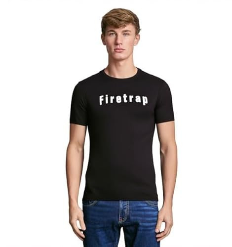 Firetrap Mens T-Shirt Designer Branded Chest Logo Crew Neck Short Sleeve Casual Cotton Black S