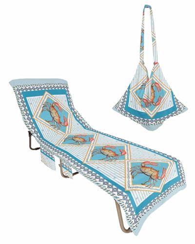 Blue Crab Nautical Beach Lounge Chair Towel Cover, Soft Chaise Lounge Towel with Side Pockets Patio Pool Chairs Cover for Beach/Pool Sunbathing 29x85 Ocean Coastal Geometric
