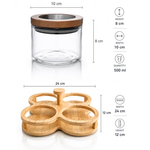 Image of Borosilicate Glass Storage Jars Set of 4 with 360 Rotating Bamboo Tray, 500ml Airtight Round Glass Containers with Silicone-Sealed Wooden Lids, Dry Fruit, Nuts, Spice Organizer for Kitchen