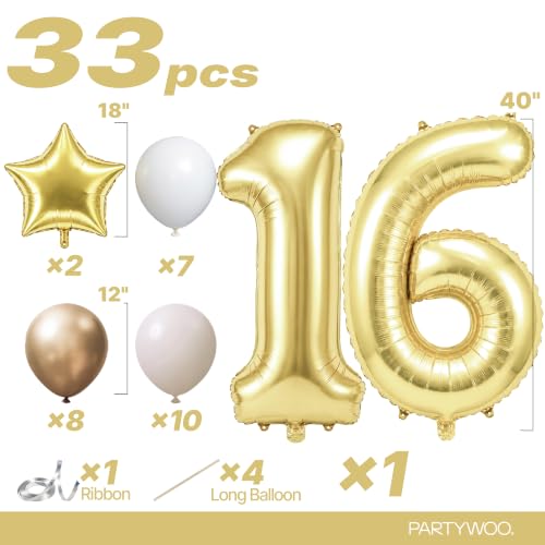 Image of PartyWoo Gold Number 16 Balloon 40 Inch 33pcs Metallic Gold Foil Star White