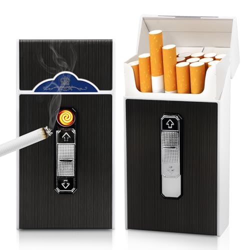 2 Piezas Pitilleras para Cigarrillos con Encendedor Electrónico Recargable Sin llama, Cajetillas para Cigarrillos Metal, Pitilleras para Cigarrillos para Mujer Hombre Regalo Ideal