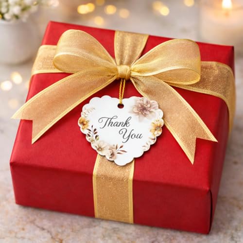 Image of CVANU Heart Shaped Thank You Tags 100-Pcs with Golden String, Floral Design Gift Tags for Wedding Favors| Birthday Party| Small Business Packaging (2.16x2.36 inch) D6