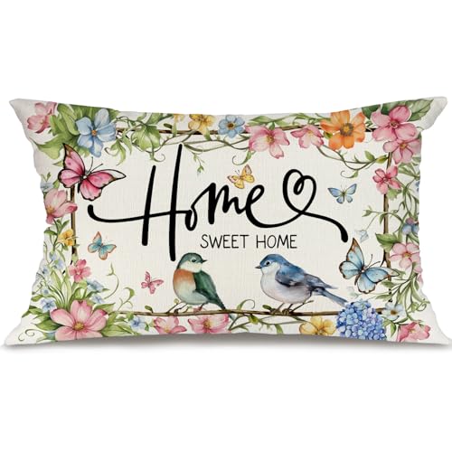 GEEORY Home Sweet Home Floral Bird Throw Pillow Cover,12x20 Inch Spring Summer Decor Farmhouse Cushion Case for Couch, Sofa, Living Room and Bedroom