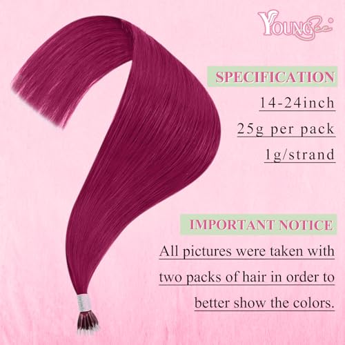 Image of YoungSee Nano Tip Hair Extensions Magenta 20 Inch Nano Human Hair Extensions Burgundy Nanobead Hair Extension Human Hair Colorful Hair Extension Nanoring Colored for Role Playing 25 Strands 25g