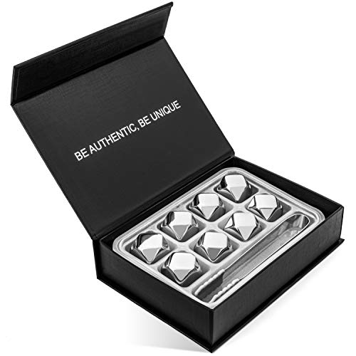 Set of 8 Whiskey Stones, Diamond Shaped Reusable Ice Cubes, Beverage Chilling Rocks, Premium Stainless Steel Gifts For Men, Dad, Christmas, Includes Storage Tray and Silicone Tip Tongs.