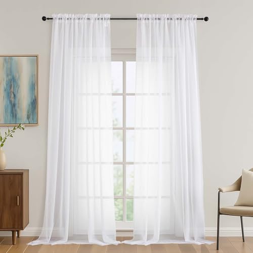 Image of OVZME White Bedroom Curtains 96 Length for Farmhouse, 59 Inch Extra Wide Light Filtering Voile Drapes Light Airy Window Decor for Patio Door Living Room Bedroom Dining, 59Wx96L Inches