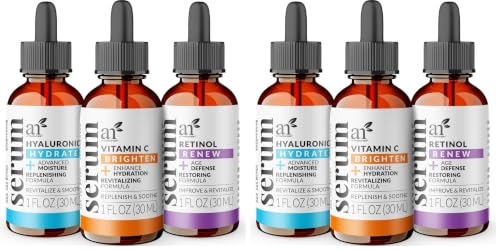 Image of artnaturals Anti-Aging-Set with Vitamin-C Retinol and Hyaluronic-Acid - (3 x 1 Fl Oz / 30ml) Serum for Anti Wrinkle and Dark Circle Remover - All Natural and Moisturizing (Pack of 2)