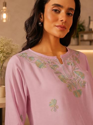 Image of QAZMI Women's Zayesha Aari Embroidered Viscose Rayon A-Line Flared Short Kurti