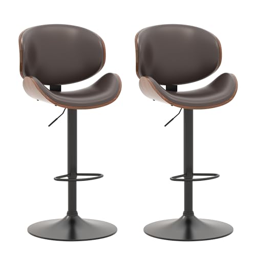 KCC Bar Stools Set of 2, Swivel Adjustable Height Barstools, PU Leather Upholstered Bar Chairs with Footrest, Bentwood Bar Stool for Kitchen, Bar, Dining Room(Brown PU)