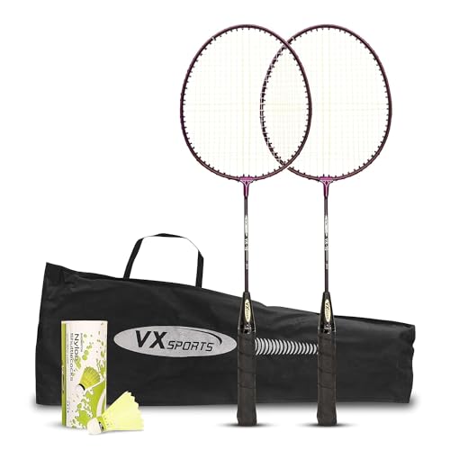 Vector X VXB-10 - Juego de Raquetas de bádminton de Aluminio, 2 Raquetas y 3 Piezas de Nailon con Juego de Cubierta Completa, Material: Aluminio, para Jugadores intermedios, para Adultos, Granate
