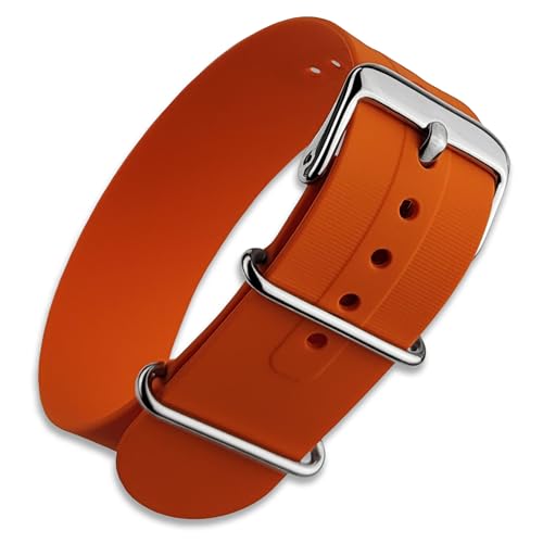 Buckle & Stitch Soft Silicone Single Pass Watch Strap | 20 mm Orange | Pass-Through Band | Waterproof Rubber | Slight Stretch | Smooth Feel | Stainless Steel Fittings (20mm, Orange)