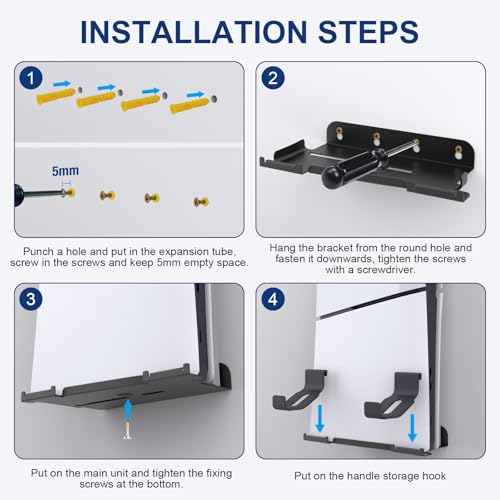 Soporte de Pared para PS5 Slim (Disco y Edición Digital) con 2 Soporte para Controlador, Negro Accesorios PS5 Slim de Metal Sólido - imagen 5