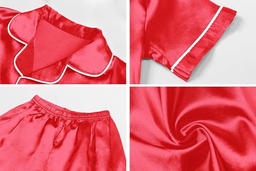 Image of Schbbbta Women Pajamas Set, 2 Pieces Satin Silk Button Down Pjs Short Sleeve Outfits Loungewear