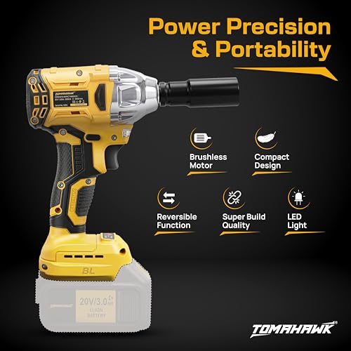 Image of Tomahawk TIW-85B 20V Cordless Impact Wrench (No Battery), 300Nm Torque, 2800 RPM, inch Square Drive + inch Hex Socket, Brushless Motor, LED Light, Reversible