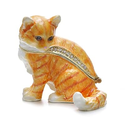 Vie jeune Hand Painted Enamel Cute Cat Trinket Box, Hinged Jewelry Box Unique Mini Ring Necklace Jewelry Organizer, Classical Bejeweled Storage, Figurine Collectible Keepsake Home Decor (Cat)