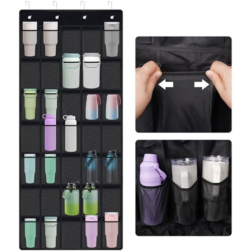 NiHome 35 Pockets Door Hanging Cup Organizer Fit for Stanley Tumbler, Black | Large Capacity Over the Door Water Bottle Organizer in Kitchen, Pantry, Classroom, Elastic Mesh Secure Storage Cup Holder