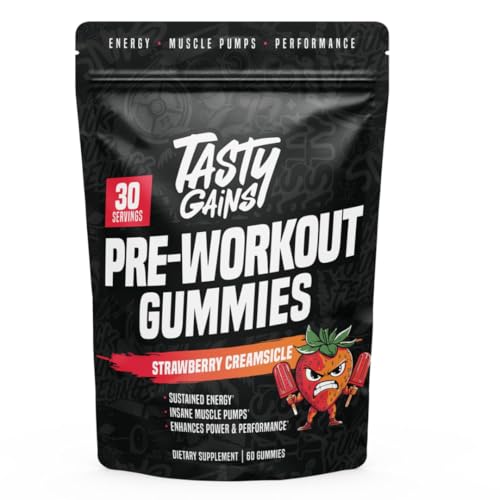 TASTY GAINS - Pre-Workout Gummies – Energy & Focus Boost, Caffeine Gummies for Men & Women, 200mg...