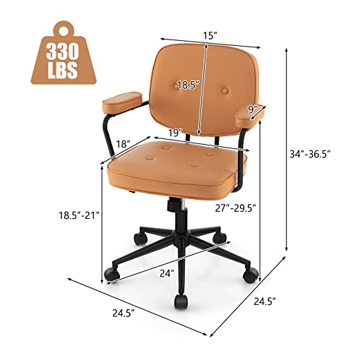 Giantex Mid Century Leather Office Chair Orange, Height Adjustable Desk Chair With Rocking Backrest & Padded Armrest, Upholstered Swivel Leisure Task Chair, Modern Rolling Chair For Home Office #TOP2