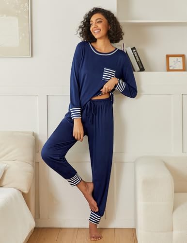 Image of Ekouaer 2 Pack Womens Pajama Sets Long Sleeve Lounge Sets Soft Pj Sleepwear Loungewear