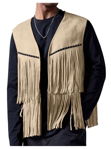 Image of OYOANGLE Men's Casual Suede Top Shirt Boho Fringe Trim Open Front Sleeveless Vest Jacket Waistcoat