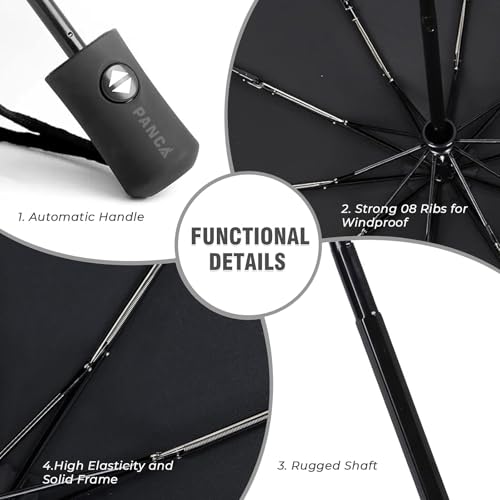 Image of PANCA Windproof Automatic Open Close Travel Umbrella for Men & Women | Compact 3 Fold Rain Umbrella with 8 Reinforced Ribs | Portable Folding Umbrella for Office, Travel & Outdoor