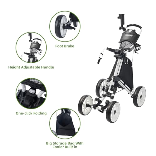 Image of Golf Push Cart 4-Wheels,Folding Golf Cart, Golf Pull cart with Cup Holder,Umbrella Holder,Cooler Bag, Foldable with one-Click,Handle Height Adjustable,Drink Holder,Walking Push cart