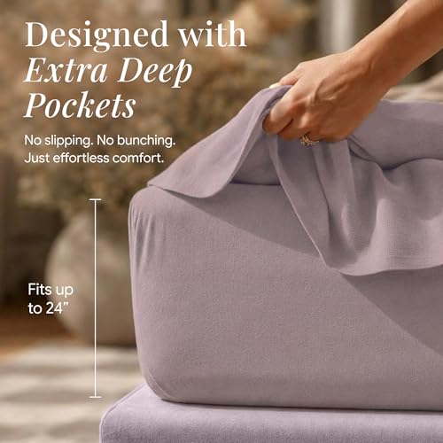 Image of Tribeca Living Triple Brushed Soft Cotton Flannel Sheets Set, King Size 170-GSM Weight Extra Deep Pocket Sheet in Solid Lavender Color
