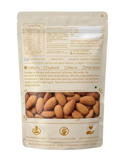 Image of Raneja Pure California Almonds /Badam Whole 250g, 100% Natural Real Nuts & Dry Fruit Freshly Cleaned and Cleared, High in Fiber, Badam Giri, Rich in Protein, Magnesium, Phosphorus and Dietary Fibre
