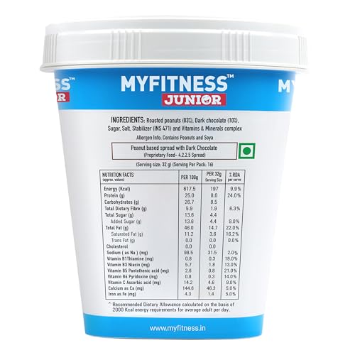 Image of MYFITNESS Peanut Butter Junior Chocolate Spread Crunchy 510g | Specially Made for Kids & Teens | Rich in Calcium, Iron, Vitamins & Minerals | Healthier Choco Spread for Breakfast, Snacks & Lunch Box
