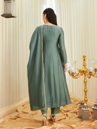 Image of MOKOSH Women's Silk Hand Work Anarkali Kurta Pant with Dupatta | Anarkali Kurta Pant | Embroidered | Round Neck Full Sleeve | 3 Piece Outfit | Ethnic Wear
