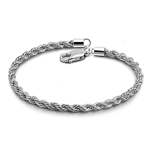 Men Diamond Cut 925 Sterling Silver 3mm Twist Rope Chain Bracelets Women Bangle Clasp Rope Box Chain link 6.3