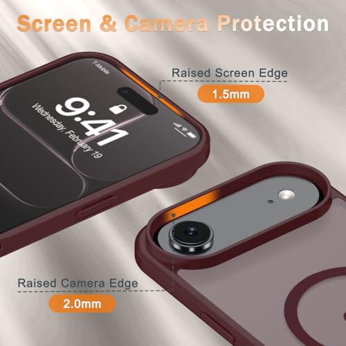 Image of YENAPOON for iPhone Air Case, Matte Magnetic Phone Cover [with 1 Screen Protector] [Support for MagSafe] [Shockproof Military Grade Protection] Translucent Frosted Back, Wine Red
