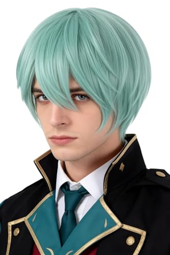 LeMarnia Mens Anime Character Cosplay Wig Short Cyan Green Fluffy Wig with Bangs for Halloween Party Costume Wig