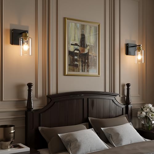 Image of Rayogale Wireless Battery Operated Wall Sconce Set of 2 with Remote Control | Black & Gold Dimmable Rechargeable Wall Lights with Timer, Easy Install Glass Lamp for Living Room Bedroom, Emergency 3000K