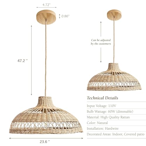 DANGGEOI Large Rattan Pendant Light Fixture, Coastal Boho Woven Wicker Chandelier with Wood Canopy for Kitchen Island Farmhouse Living Room Dining Room (23.6'') - Image 2