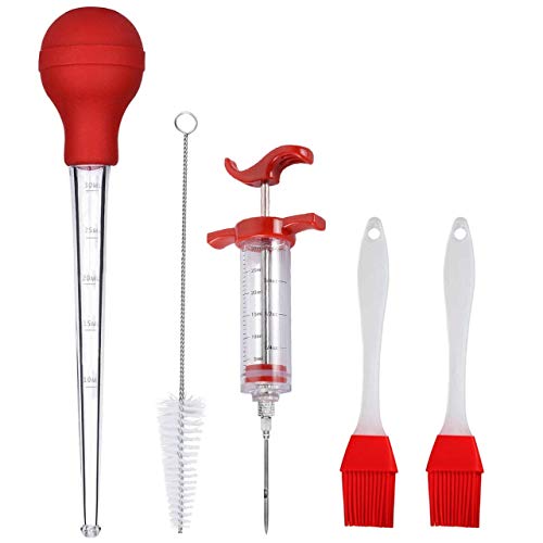 Turkey Baster for BBQ grill Cooking Basting and Marinating Turkey, Beef, Pork Set of 5, Including Marinade Injector, Interchangeabile Needle Cleaning Brush Silicone Brush