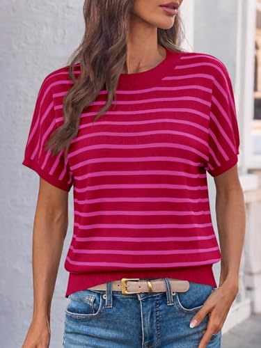 Image of Saodimallsu Women's Short Sleeve Crew Neck Knit Pullover Sweater | Casual Basic, Crew Neck, Loose Knit Pullover, Summer Lightweight
