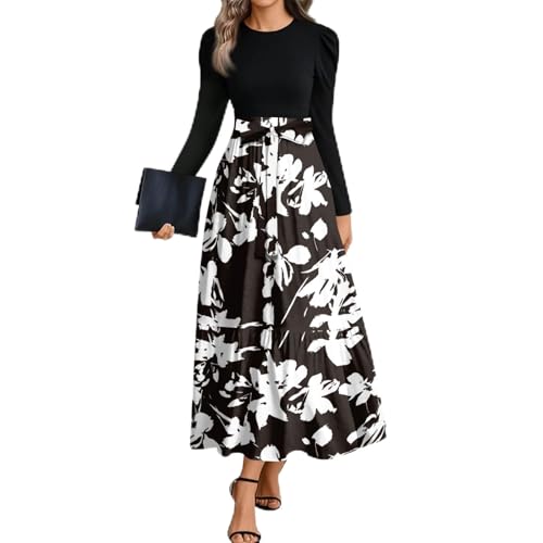Robe maxi pour femme ligne A d hiver fleurie chic à manches volants