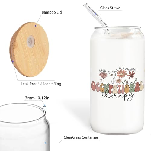 BEHIFL Occupational Therapist Gifts Glass Cup with Lids and Straws 14oz, OT Occupational Therapy Gifts Glass Coffee Tumbler Drinking Jars with Cleaning Brush - Image 7