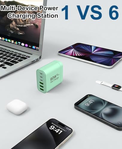 Image of 90W GaN USB C Charger Block [2 Pack],6-Port USB C Wall Charger Fast Charging 45W PD Power Adapter for MacBook Air /iPad Pro /iPhone 17Pro Max /Samsung Galaxy S24 Ultra /Tabs for Home Travel (Green, Two)