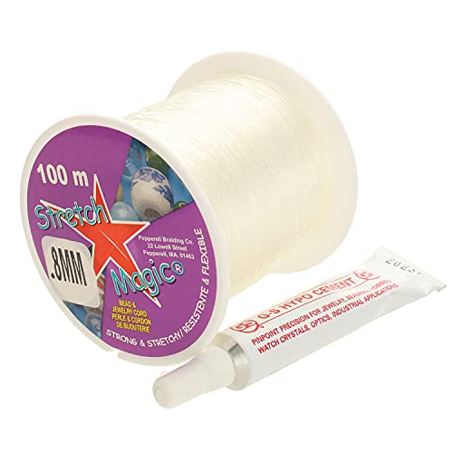 Stretch Magic Bead & Jewelry Cord - Strong & Stretchy Easy to Knot - Clear Color - 0.8mm Diameter - 100-meter (328 ft) Spool - Elastic String for Making Beaded Jewelry Bonus Hypo Cement Glue